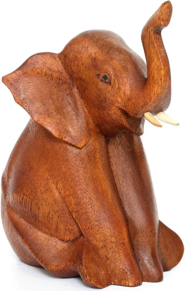 Alt view image 3 of 6 - G6 COLLECTION Wooden Hand Carved Sitting Elephant Statue Figurine Sculpture Art Decorative Rustic Home Decor Accent Handmade Handcrafted Decoration Wood