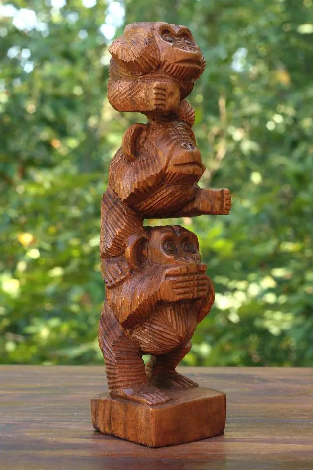Alt view image 3 of 4 - G6 COLLECTION Wooden Hand Carved Stacked 3 Monkeys See, Hear, Speak No Evil Figurines Handmade Sculpture Home Decor Accent Handcrafted Wood Three Monkeys Statue