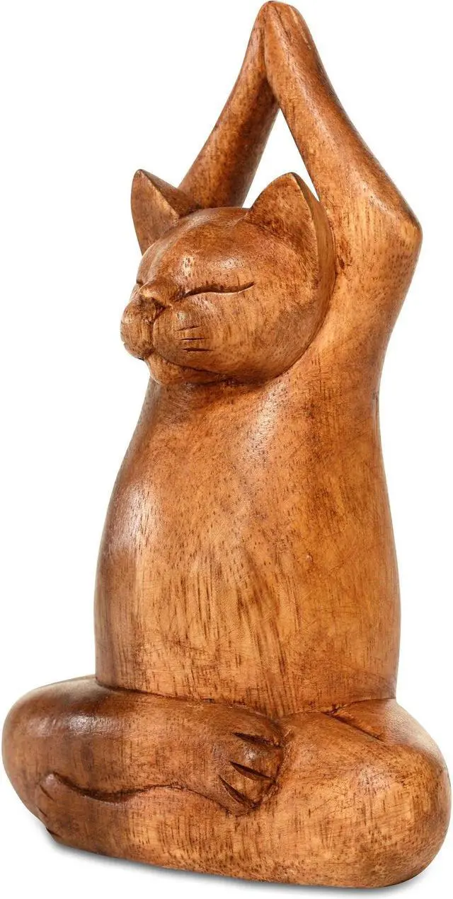 Alt view image 3 of 3 - G6 COLLECTION 8" Wooden Handmade Hand Carved Yoga Lotus Pose Cat Sculpture Statue Home Decor