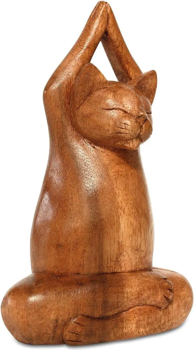 Alt view image 2 of 3 - G6 COLLECTION 8" Wooden Handmade Hand Carved Yoga Lotus Pose Cat Sculpture Statue Home Decor