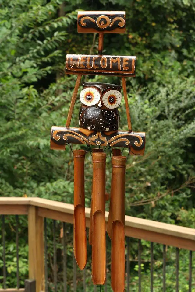 Main image of G6 COLLECTION Handmade Wooden Owl Welcome Sign Bamboo Wind Chime Wood Statue Figurine Hoot Sculpture Patio Garden Outdoor Decor Handcrafted Decoration