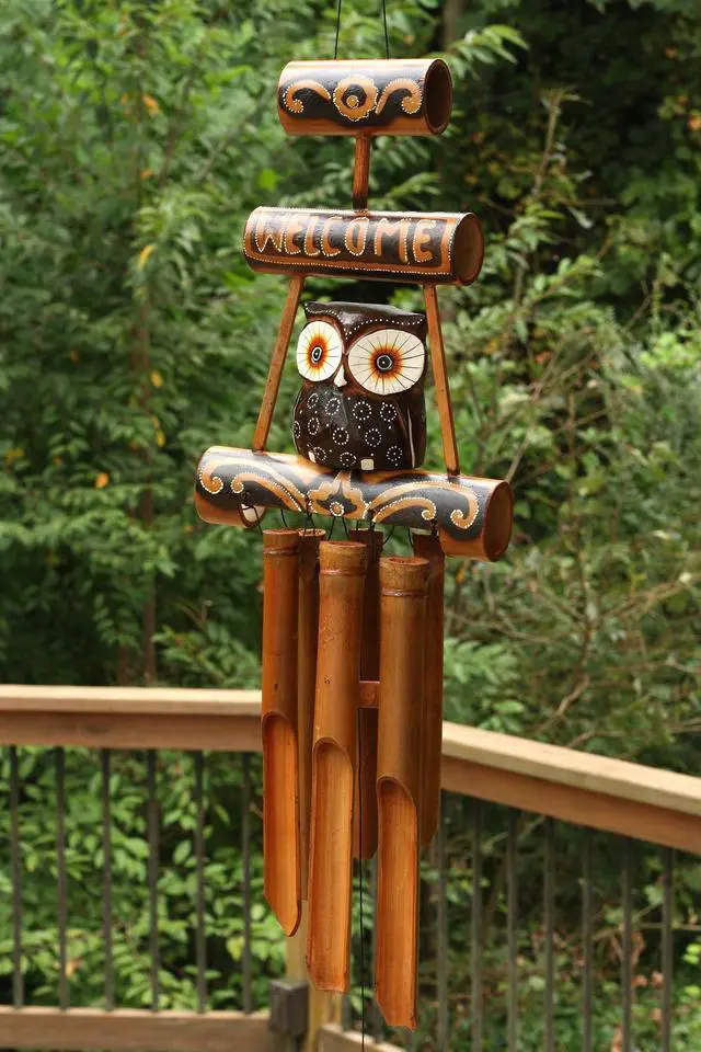 Alt view image 2 of 3 - G6 COLLECTION Handmade Wooden Owl Welcome Sign Bamboo Wind Chime Wood Statue Figurine Hoot Sculpture Patio Garden Outdoor Decor Handcrafted Decoration