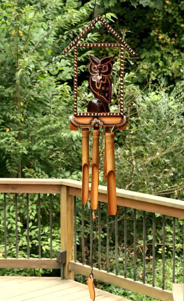 Alt view image 3 of 3 - G6 COLLECTION Handmade Wooden Owl Welcome Sign Bamboo Wind Chime Wood Statue Figurine Hoot Sculpture Patio Garden Outdoor Decor Handcrafted Decoration