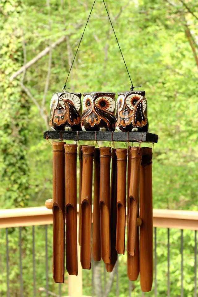 Alt view image 2 of 4 - G6 COLLECTION Handmade Wooden See Hear Speak No Evil Owl Bamboo Wind Chime Wood Statue Figurine Hoot Sculpture Patio Garden Outdoor Decor Handcrafted Decoration