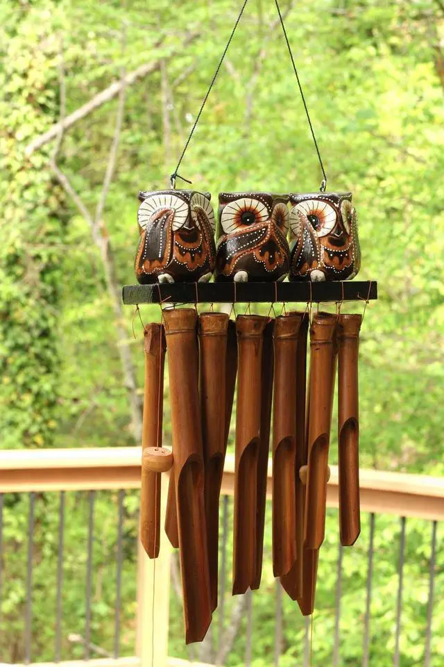 Alt view image 3 of 4 - G6 COLLECTION Handmade Wooden See Hear Speak No Evil Owl Bamboo Wind Chime Wood Statue Figurine Hoot Sculpture Patio Garden Outdoor Decor Handcrafted Decoration