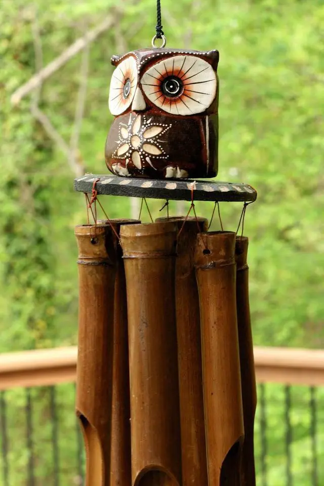 Alt view image 3 of 3 - G6 COLLECTION Handmade Wooden Mini Owl Bamboo Wind Chime Wood Statue Figurine Hoot Sculpture Art Decorative Rustic Patio Garden Outdoor Decor Handcrafted Decoration