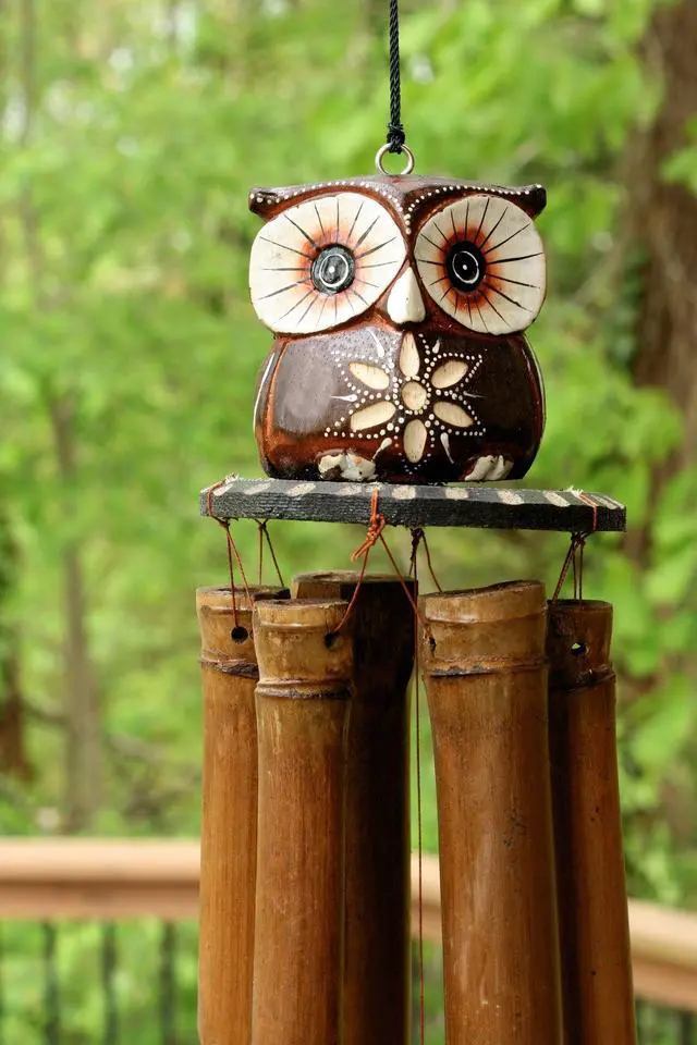 Alt view image 2 of 3 - G6 COLLECTION Handmade Wooden Mini Owl Bamboo Wind Chime Wood Statue Figurine Hoot Sculpture Art Decorative Rustic Patio Garden Outdoor Decor Handcrafted Decoration