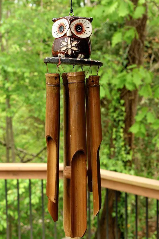 Main image of G6 COLLECTION Handmade Wooden Mini Owl Bamboo Wind Chime Wood Statue Figurine Hoot Sculpture Art Decorative Rustic Patio Garden Outdoor Decor Handcrafted Decoration