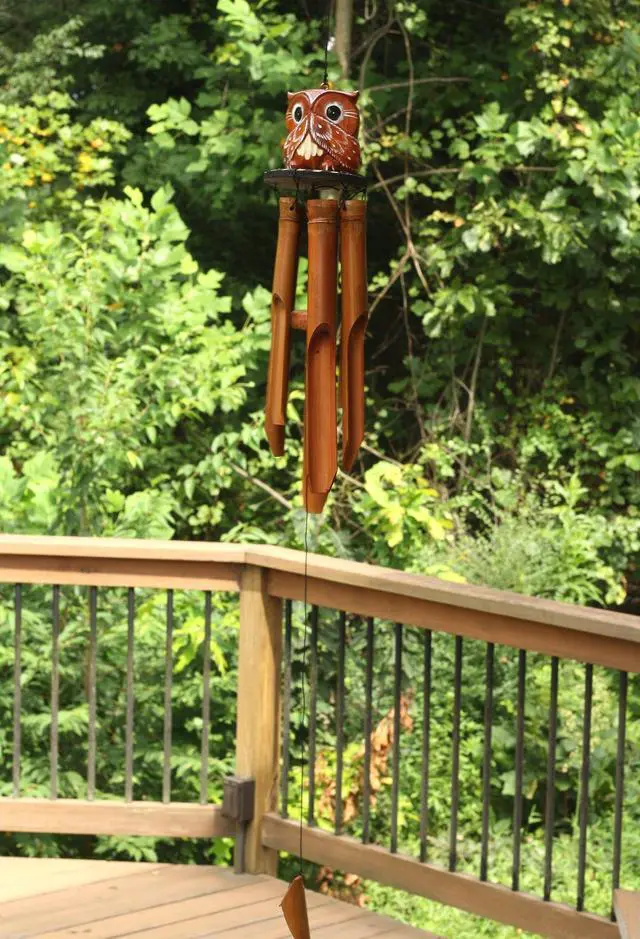 Alt view image 2 of 4 - G6 COLLECTION Handmade Wooden Speak No Evil Owl Bamboo Wind Chime Wood Statue Figurine Hoot Sculpture Art Rustic Patio Garden Outdoor Decor Handcrafted Decoration