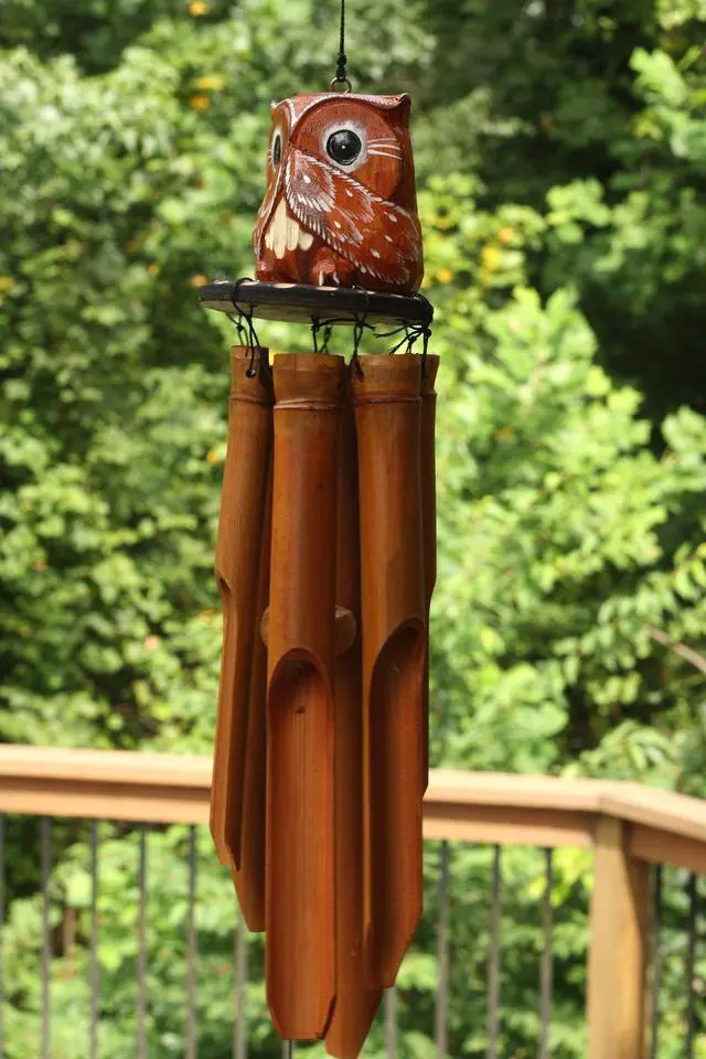 Alt view image 4 of 4 - G6 COLLECTION Handmade Wooden Speak No Evil Owl Bamboo Wind Chime Wood Statue Figurine Hoot Sculpture Art Rustic Patio Garden Outdoor Decor Handcrafted Decoration