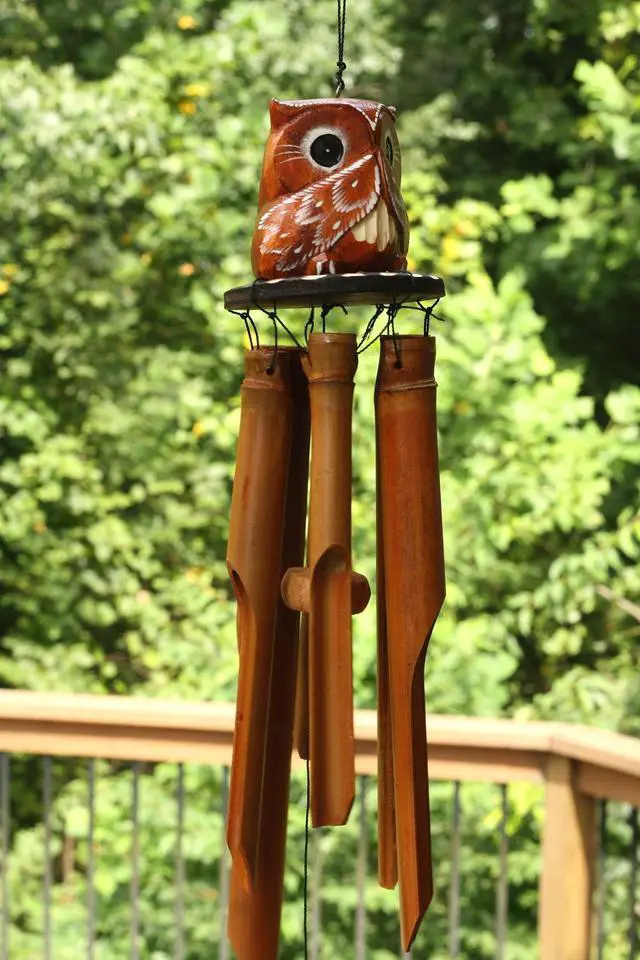 Alt view image 3 of 4 - G6 COLLECTION Handmade Wooden Speak No Evil Owl Bamboo Wind Chime Wood Statue Figurine Hoot Sculpture Art Rustic Patio Garden Outdoor Decor Handcrafted Decoration