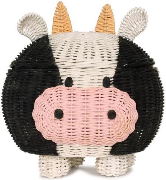 Main image of G6 COLEECTION Cow Rattan Storage Basket with Lid Decorative Bin Home Decor Hand Woven Shelf Organizer Cute Handmade Handcrafted Gift Art Decoration Artwork Wicker