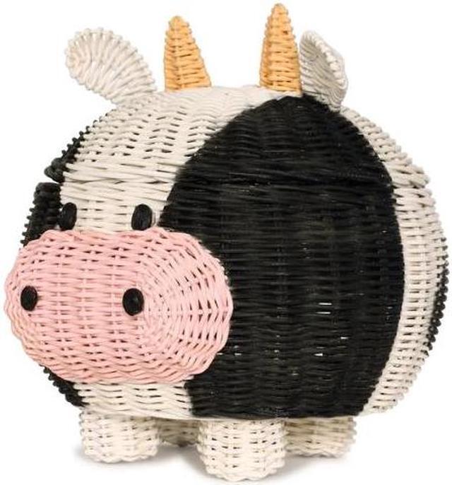 Alt view image 4 of 4 - G6 COLEECTION Cow Rattan Storage Basket with Lid Decorative Bin Home Decor Hand Woven Shelf Organizer Cute Handmade Handcrafted Gift Art Decoration Artwork Wicker