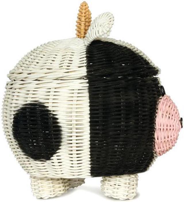 Alt view image 2 of 4 - G6 COLEECTION Cow Rattan Storage Basket with Lid Decorative Bin Home Decor Hand Woven Shelf Organizer Cute Handmade Handcrafted Gift Art Decoration Artwork Wicker
