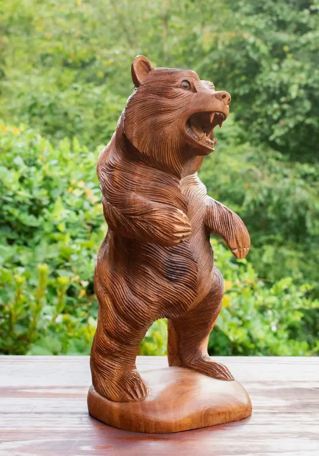 Alt view image 2 of 6 - G6 COLLECTION Wooden Hand Carved Grizzly Bear Standing Statue Handcrafted Handmade Figurine Sculpture Art Rustic Lodge Cabin Outdoor Indoor Home Decor Accent Decoration