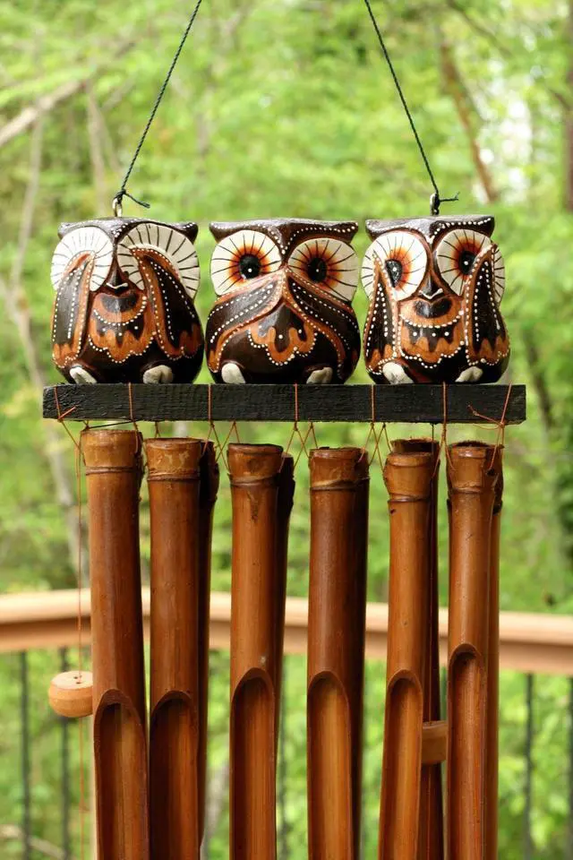 Alt view image 4 of 4 - G6 COLLECTION Handmade Wooden See Hear Speak No Evil Owl Bamboo Wind Chime Wood Statue Figurine Hoot Sculpture Patio Garden Outdoor Decor Handcrafted Decoration