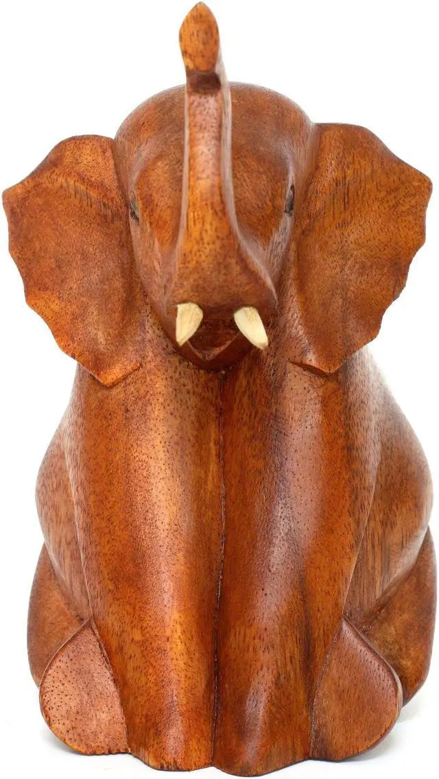 Alt view image 5 of 6 - G6 COLLECTION Wooden Hand Carved Sitting Elephant Statue Figurine Sculpture Art Decorative Rustic Home Decor Accent Handmade Handcrafted Decoration Wood