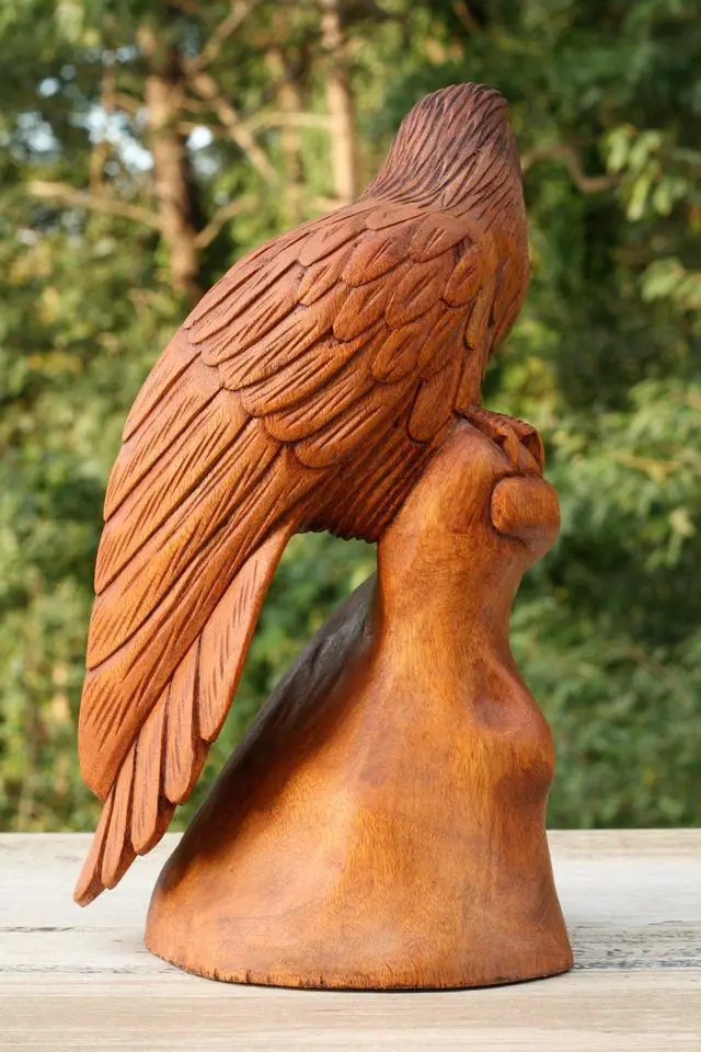 Alt view image 5 of 5 - G6 COLLECTION 12" Large Big Solid Wooden Handmade American Eagle Statue Handcrafted Figurine Sculpture Art Hand Carved Rustic Lodge Outdoor Home Decor Us Accent
