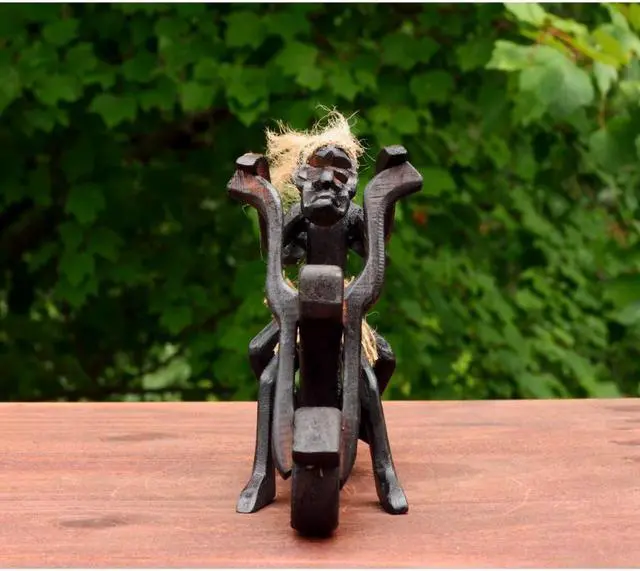 Alt view image 6 of 7 - G6 COLLECTION Handmade Wooden Primitive Tribal Funny Riding Harley Davidson Statue Motorcycle Sculpture Tiki Bar Unique Gift Wood Home Decor Figurine Hand Carved