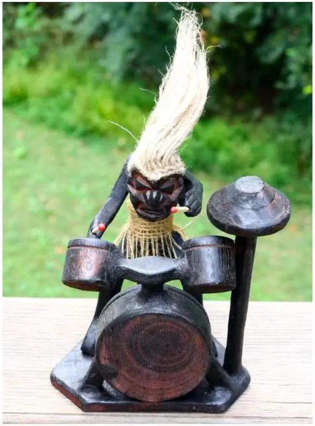 Alt view image 2 of 7 - G6 COLLECTION Wooden Handmade Primitive Tribal with Drum Kit Funny Statue Sculpture Tiki Bar Drummer Handcrafted Gift Home Decor Figurine Hand Carved