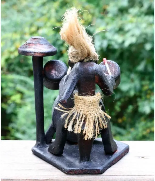 Alt view image 4 of 7 - G6 COLLECTION Wooden Handmade Primitive Tribal with Drum Kit Funny Statue Sculpture Tiki Bar Drummer Handcrafted Gift Home Decor Figurine Hand Carved