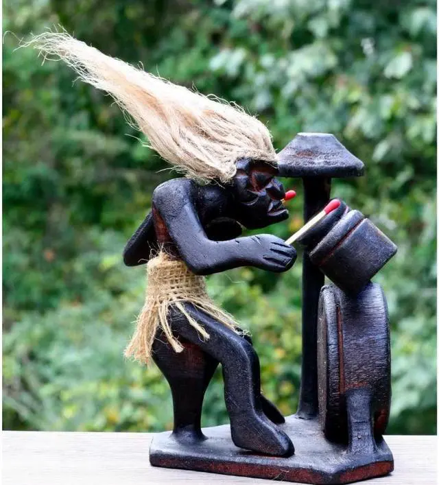 Alt view image 5 of 7 - G6 COLLECTION Wooden Handmade Primitive Tribal with Drum Kit Funny Statue Sculpture Tiki Bar Drummer Handcrafted Gift Home Decor Figurine Hand Carved