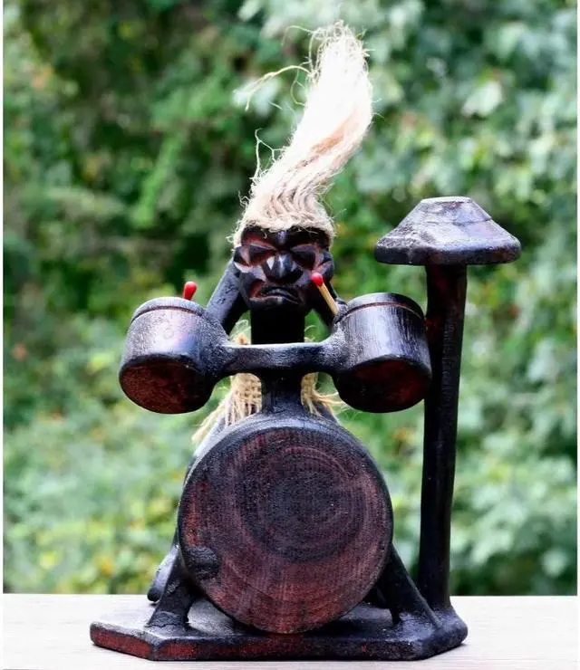 Alt view image 7 of 7 - G6 COLLECTION Wooden Handmade Primitive Tribal with Drum Kit Funny Statue Sculpture Tiki Bar Drummer Handcrafted Gift Home Decor Figurine Hand Carved