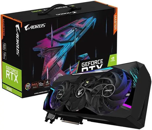Main image of GIGABYTE 3080 Graphics card AORUS GIGABYTE GeForce RTX 3080 MASTER 10GB PCI Express 4.0 ATX Video Card (rev. 3.0) GV-N3080AORUS M-10GD (LHR)