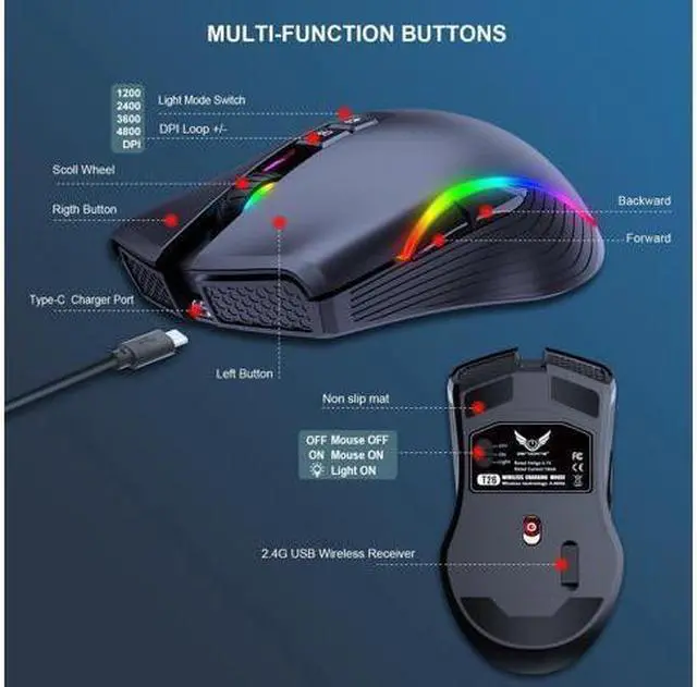 Alt view image 13 of 14 - Wireless Mouse,Ergonomic Hand Grips,4800 DPI,TYPE-C Fast charge,7 Buttons,Fast-Charging,10 millons buttons life,RGB Gamer Desk Laptop PC Gaming Mouse