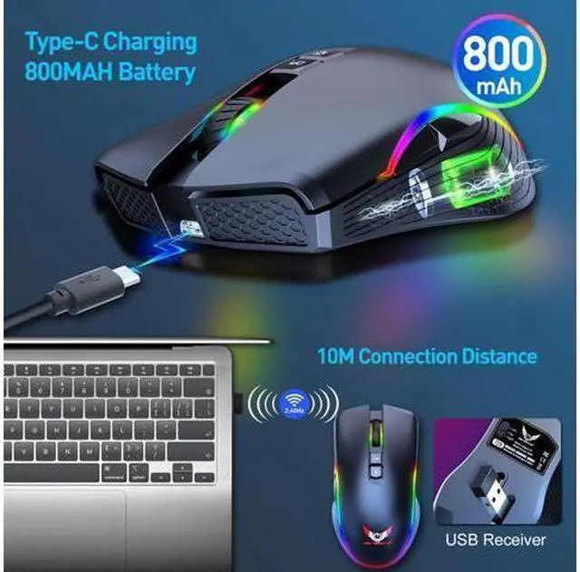 Alt view image 12 of 14 - Wireless Mouse,Ergonomic Hand Grips,4800 DPI,TYPE-C Fast charge,7 Buttons,Fast-Charging,10 millons buttons life,RGB Gamer Desk Laptop PC Gaming Mouse