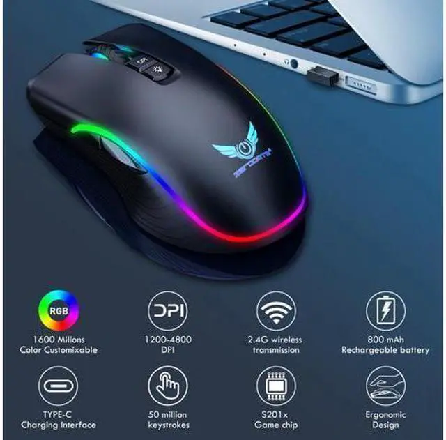 Alt view image 14 of 14 - Wireless Mouse,Ergonomic Hand Grips,4800 DPI,TYPE-C Fast charge,7 Buttons,Fast-Charging,10 millons buttons life,RGB Gamer Desk Laptop PC Gaming Mouse