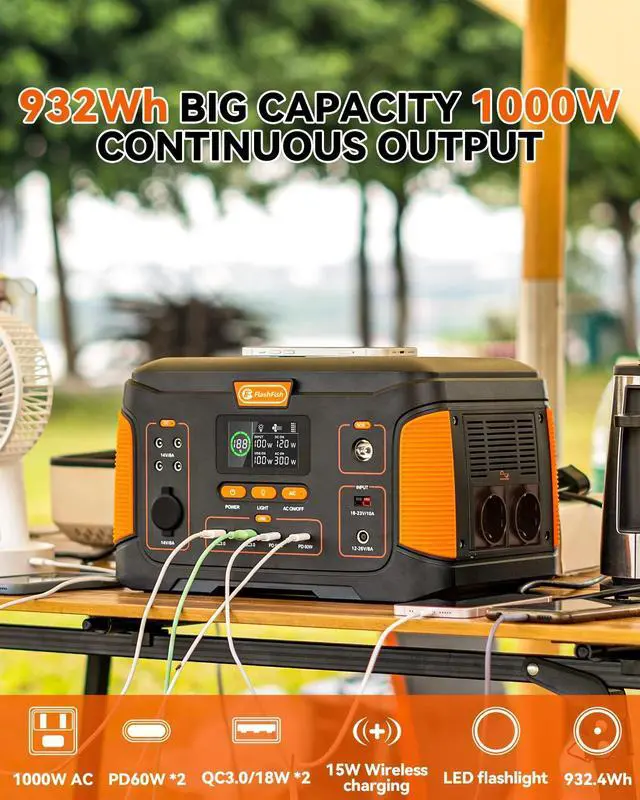Alt view image 2 of 5 - FF Flashfish 1000W Portable Power Station 932Wh Solar Generator Battery Supply with 100W Solar Panel for Home Outdoor Camping-110V