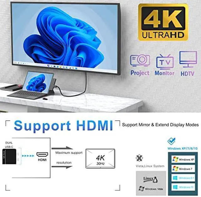 Alt view image 2 of 5 - 8-in-2 Surface Pro 9 Pro 8 Docking Station, Surface Pro 8 Hub with 4K HDMI,100W USB-C Thunderbolt 4(Display+Data+PD Charging), USB C(Data), Audio,2*USB 3.0, TF/SD Card for Microsoft Surface Pro 9/8/X