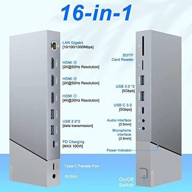 Alt view image 2 of 5 - Docking Station Triple Display, 16 in 1 USB-C Docking Station Adapter Laptop Hub USB C to 3 HDMI 4K+100W Type C PD+RJ45 Ethernet+4 USB+USB C(5Gbps)+3.5mm Audio+SD/TF Slot for MacBook/HP/Lenovo Laptop