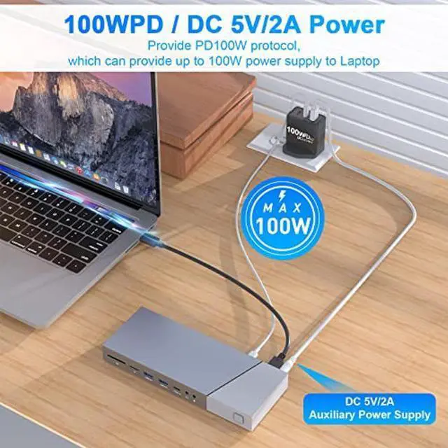 Alt view image 5 of 5 - Docking Station Triple Display, 16 in 1 USB-C Docking Station Adapter Laptop Hub USB C to 3 HDMI 4K+100W Type C PD+RJ45 Ethernet+4 USB+USB C(5Gbps)+3.5mm Audio+SD/TF Slot for MacBook/HP/Lenovo Laptop