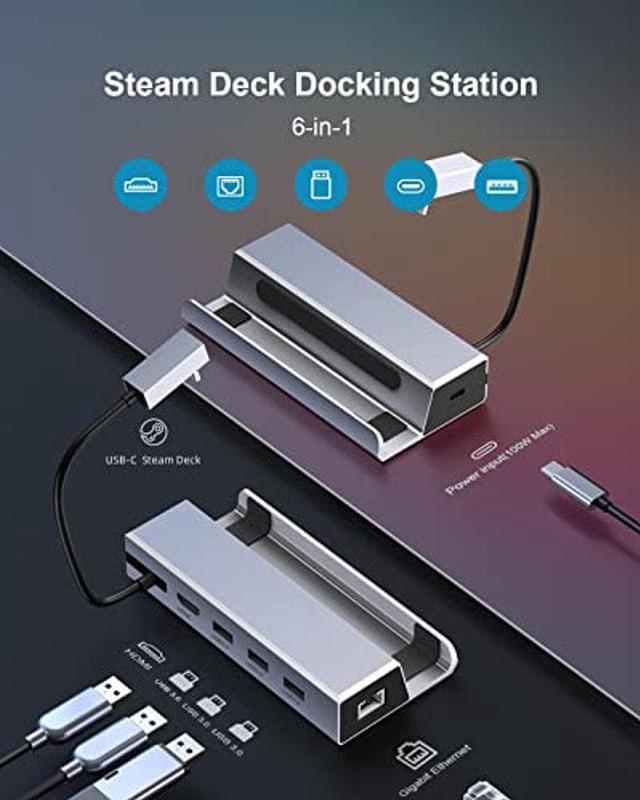 Docking Station with Steam Deck Dock, 6 in 1 Docking Station with HDMI 2.0  4K@60Hz, Gigabit Ethernet, 3 x USB 3.0 and Charging USB-C Port Compatible  with Valve Steam Deck, Metal Shell 