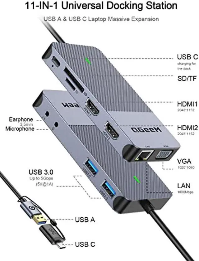 Alt view image 2 of 5 - QGeeM USB 3.0 Docking Station, Triple Display USB Hub Dual Monitor, USB C Laptop Docking Station Compatible for MacBook M1 Dell HP Lenovo(2HDMI VGA SD TF Card Reader Ethernet Audio 2USB 3.0)