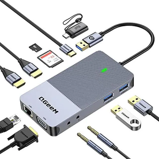 Main image of QGeeM USB 3.0 Docking Station, Triple Display USB Hub Dual Monitor, USB C Laptop Docking Station Compatible for MacBook M1 Dell HP Lenovo(2HDMI VGA SD TF Card Reader Ethernet Audio 2USB 3.0)
