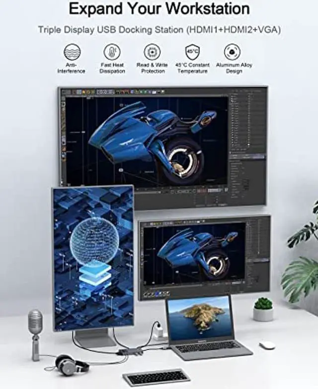 Alt view image 3 of 5 - QGeeM USB 3.0 Docking Station, Triple Display USB Hub Dual Monitor, USB C Laptop Docking Station Compatible for MacBook M1 Dell HP Lenovo(2HDMI VGA SD TF Card Reader Ethernet Audio 2USB 3.0)