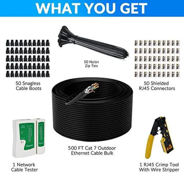 Alt view image 2 of 5 - Cat 7 Outdoor Ethernet Bulk Cable 500 FT With Tool Kits, Adoreen 10Gbps Heavy Shielded Internet Cable,24AWG Solid Copper,POE,UL CMR,S/FTP,Direct Burial&Indoor,Cat6A Cat7 Cat 6E Cat 6 Network RJ45 Cord