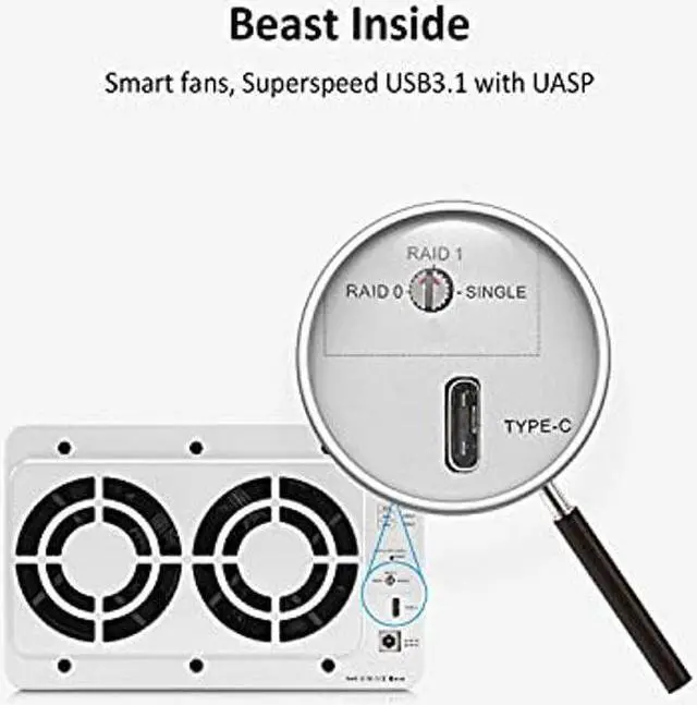 Alt view image 3 of 5 - TERRAMASTER D5-300C USB3.1 (Gen1) Type C 5-Bay RAID Enclosure Support RAID 0/1/Single Exclusive 2+3 RAID Mode Hard Drive RAID Storage (Diskless)