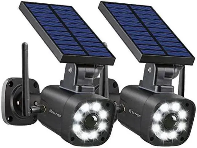 Main image of Techage SL669, Solar Battery Powered, Fake Security Camera, Dummy Cameras, Motion-Activated Floodlights, Realistic Look, Easy to Install, IP66 Waterproof, Warning Sticker Included, Pack of 2(Black)