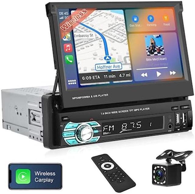 Single 1DIN 7 Car Stereo Radio Apple Carplay Android Auto Flip Out Touch  Screen