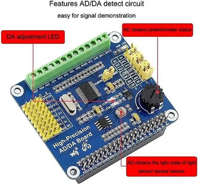Alt view image 3 of 5 - High-Precision AD/DA Expansion Board for Raspberry Pi 4B/Raspberry Pi 3B+/Raspberry Pi3B/2B/Raspberry Pi Zero/Zero W/Zero WH/Raspberry Pi Zero 2W/ Zero 2WH/Jetson Nano, Onboard ADS1256/ DAC8552 Chip