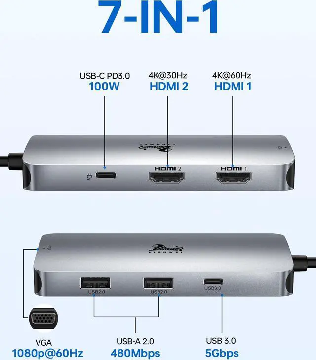 Alt view image 2 of 5 - LIONWEI USB C Hub 3 Monitors, 7 in 1 USB C Docking Station Dual HDMI+ VGA Monitors Adapter, USB C to Dual Hdmi Hub Adapter, 100W PD, 2USB-A2.0+USB-C3.0 for Dell XPS, MacBook,HP, Lenovo,etc