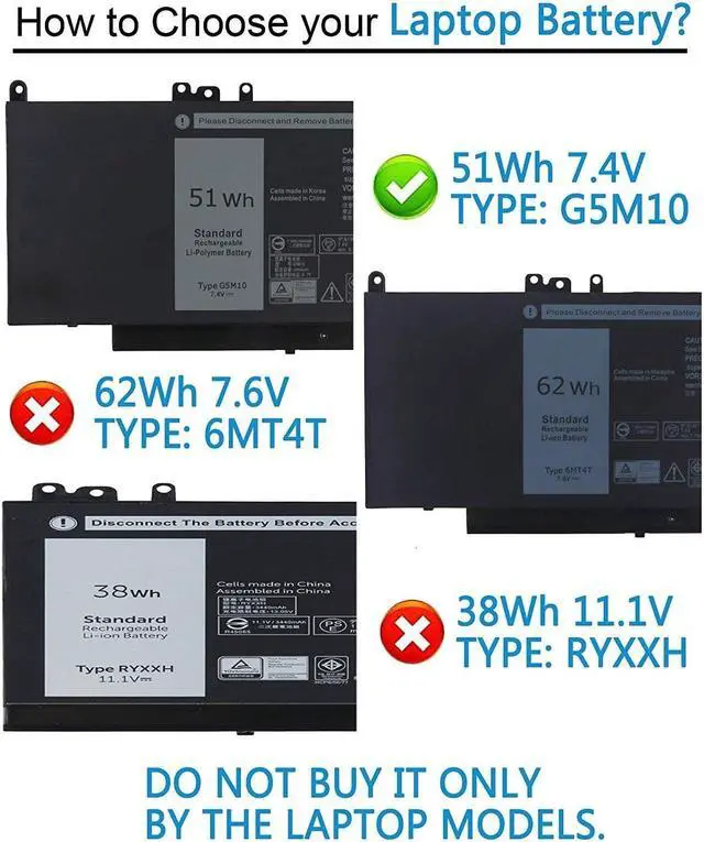 Alt view image 2 of 5 - G5M10 E5550 E5450 E5250 Battery Compatible with Dell Latitude E5550 E5450 E5250 5550 5450 5250 3150 3160, 8V5GX R9XM9 1KY05 08V5GX VMKXM 5XFWC PF59Y 451-BBLN 451-BBLL 451-BBLK 51Wh 7.4V 4-Cell