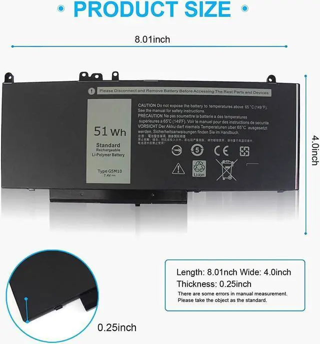 Alt view image 3 of 5 - G5M10 E5550 E5450 E5250 Battery Compatible with Dell Latitude E5550 E5450 E5250 5550 5450 5250 3150 3160, 8V5GX R9XM9 1KY05 08V5GX VMKXM 5XFWC PF59Y 451-BBLN 451-BBLL 451-BBLK 51Wh 7.4V 4-Cell