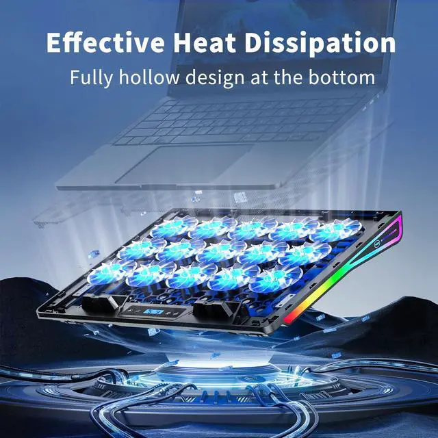 Alt view image 2 of 5 - KeiBn Laptop Cooling Pad, Gaming Laptop Fan Cooling Pad with 15 Quiet Fans, RGB Laptop Cooler for 10-17.3 Inch, 4 Height Stands, 2 USB Ports - Blue