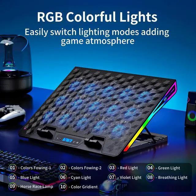 Alt view image 5 of 5 - KeiBn Laptop Cooling Pad, Gaming Laptop Fan Cooling Pad with 15 Quiet Fans, RGB Laptop Cooler for 10-17.3 Inch, 4 Height Stands, 2 USB Ports - Blue