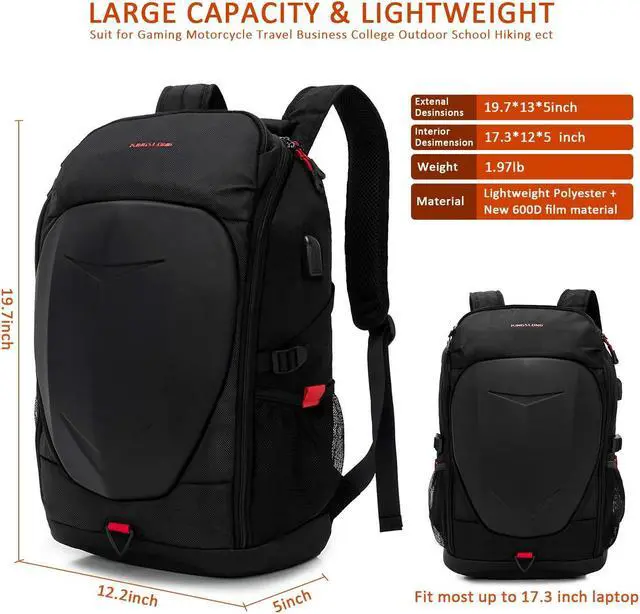 Alt view image 4 of 5 - KINGSLONG 17 Inch Laptop Backpack with Hardshell, Armored Backpack with USB Port and Lightweight Rain Cover for Motorcycle Outdoor Racing Waterproof Rucksack Black